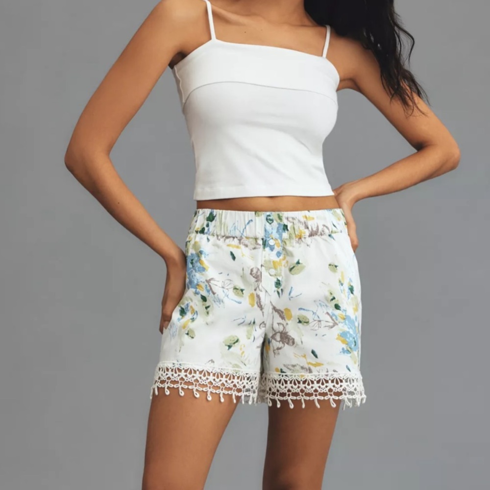 Anthropologie Floral Crochet Trim Shorts Womens XS White Blue Excellent Boho